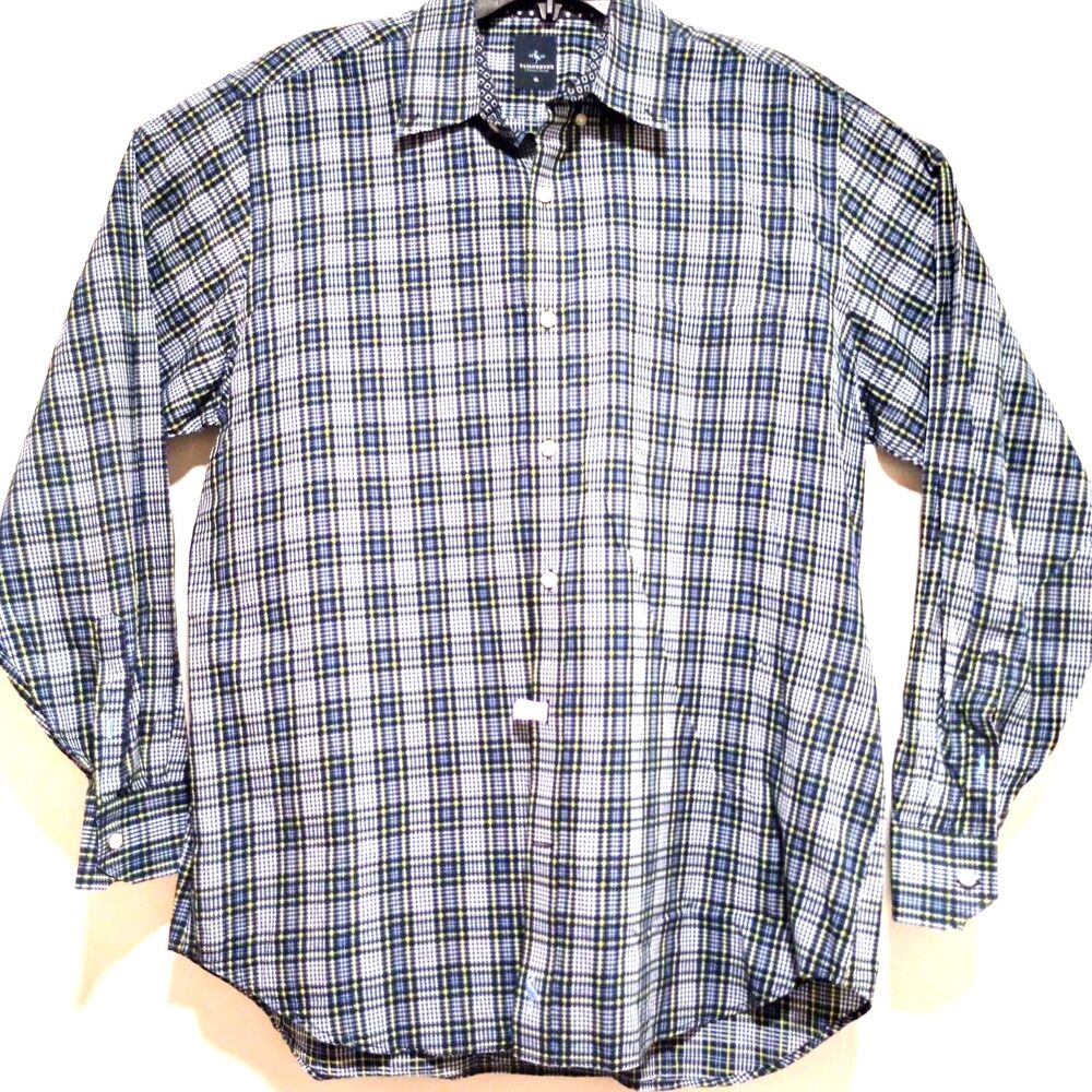 TailorByrd Collection XL Plaid Button Down Shirt Long Sleeve Blue Yellow Casual